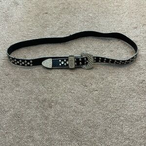 Black womens belt with rhinestone buckle and silver stud body size medium